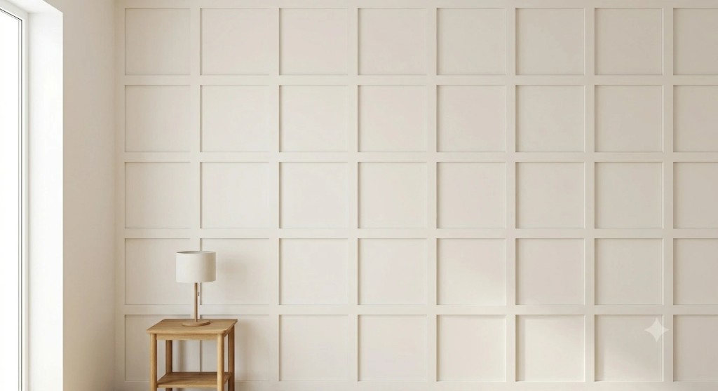 Board and batten accent wall with square panel grid in a living room