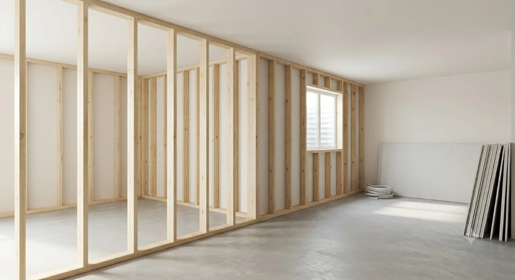 Interior wall stud framing during construction with drywall sheets stacked nearby