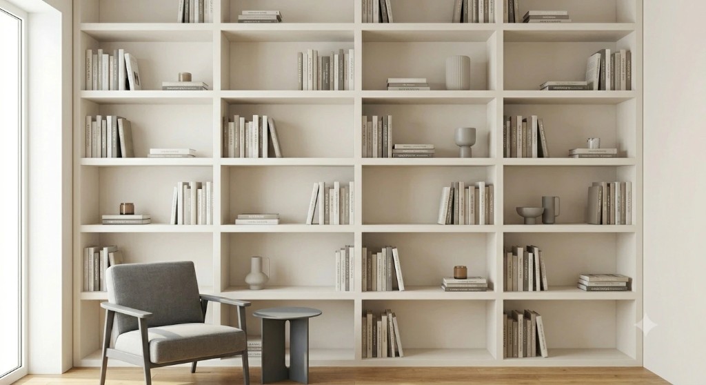 Floor-to-ceiling built-in bookcase with books and decorative objects