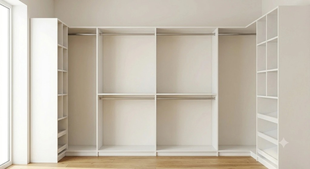Custom white built-in closet organizer with shelves and hanging rods