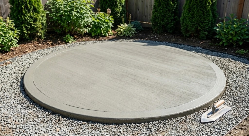 Circular poured concrete slab with finished trowel in a backyard