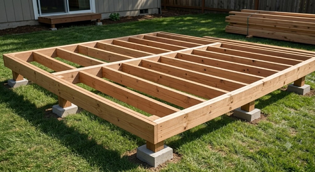 Freestanding wooden deck frame on concrete pier blocks in a backyard
