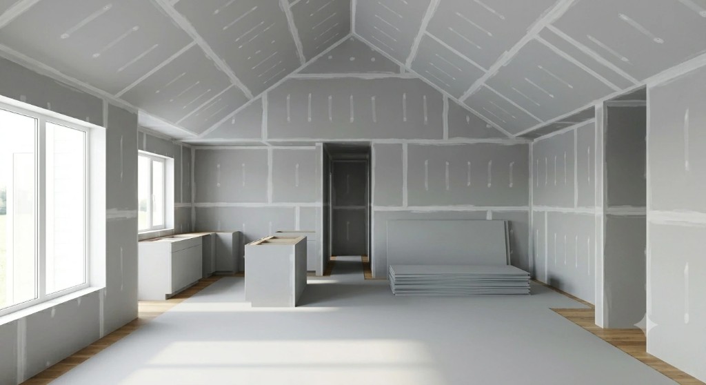 Room with gray drywall sheets installed on walls and vaulted ceiling
