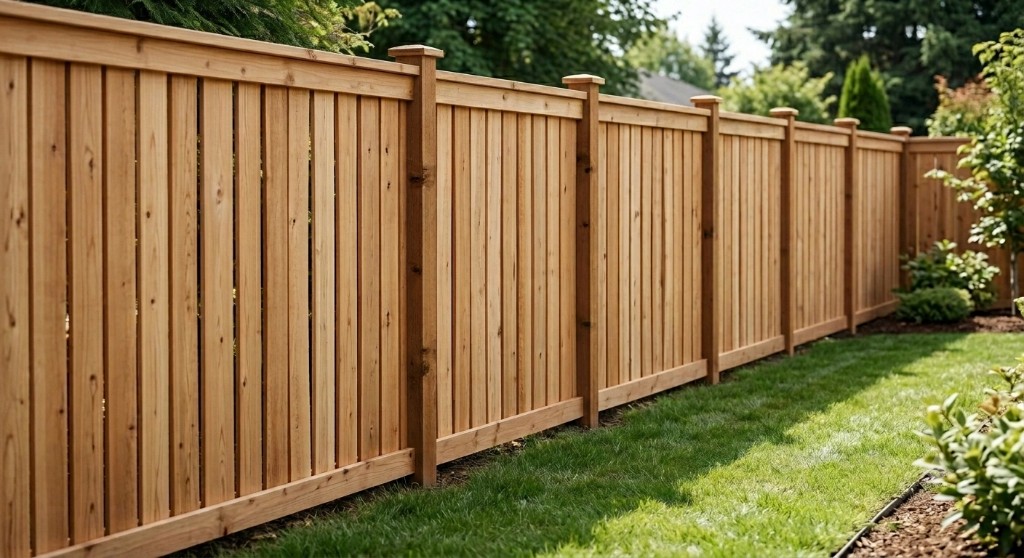 Wooden privacy fence with capped posts along a green lawn