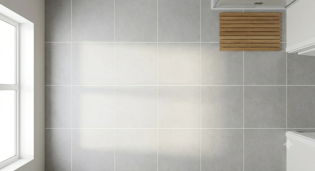 Large-format floor tiles in a grid layout with natural light