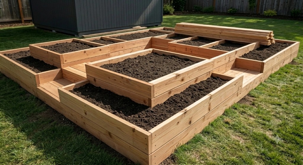 Multi-tiered raised garden bed filled with soil on a lawn