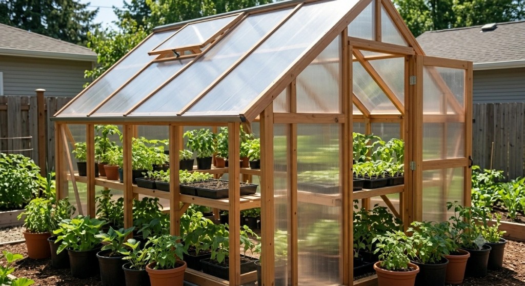 A-frame wooden greenhouse with seedlings and potted plants inside