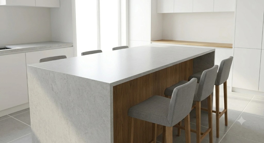 Modern kitchen island with waterfall countertop and bar stools