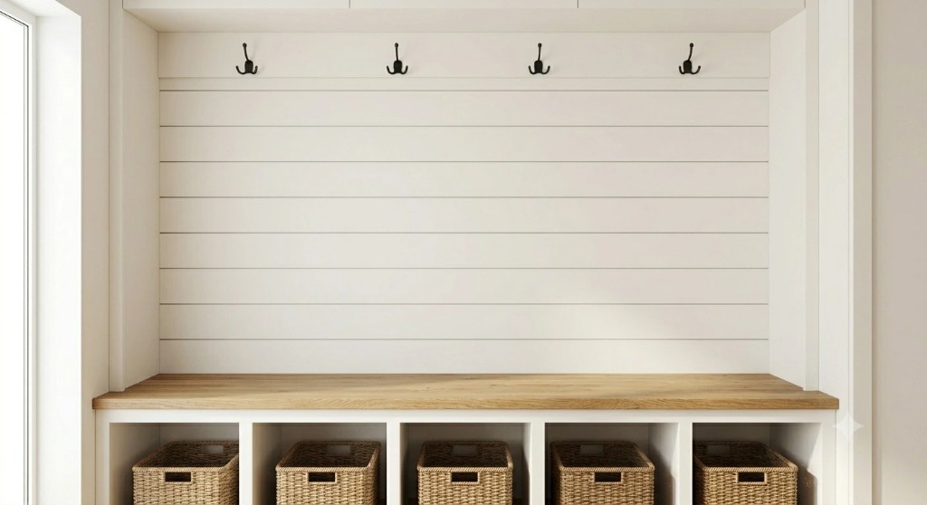 Mudroom bench with cubbies, wicker baskets, and coat hooks