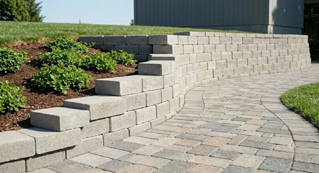 Curved stone paver walkway with tiered retaining wall in a landscaped yard
