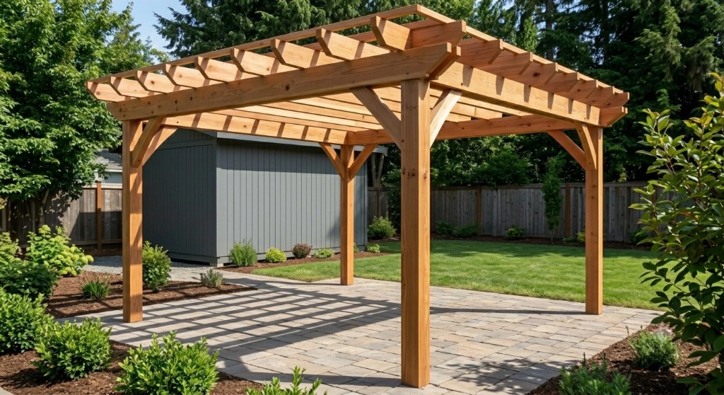 Traditional wooden pergola over a stone paver patio in a garden