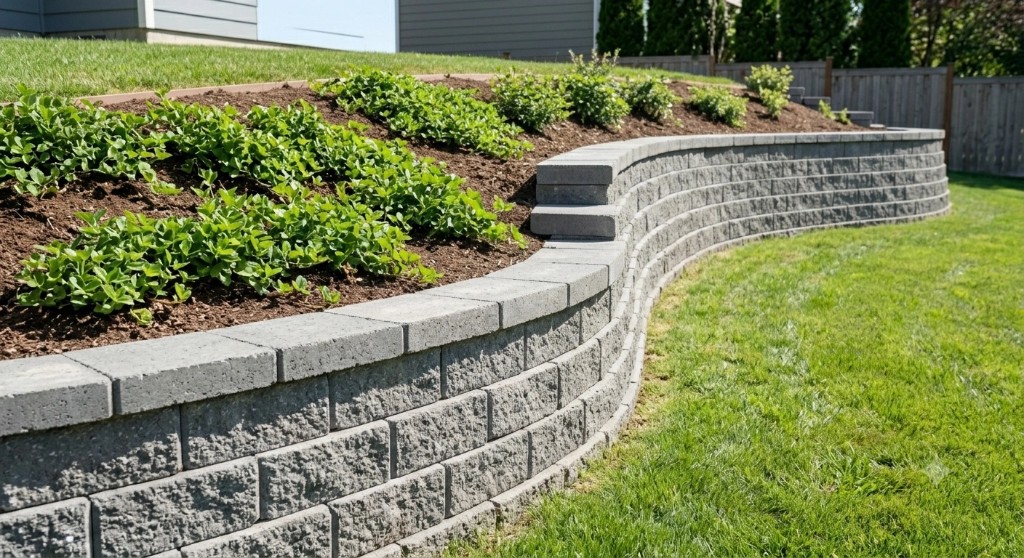 Curved grey block retaining wall separating lawn from garden bed