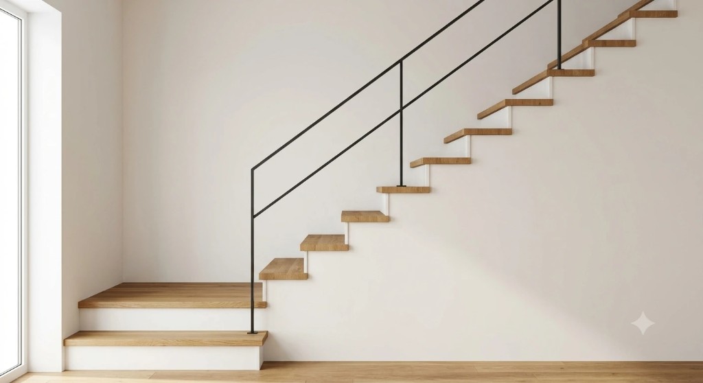 Modern interior staircase with wooden treads and black metal railing