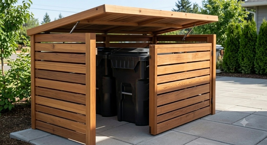 Horizontal wooden trash can enclosure with lift-up roof on a paver patio