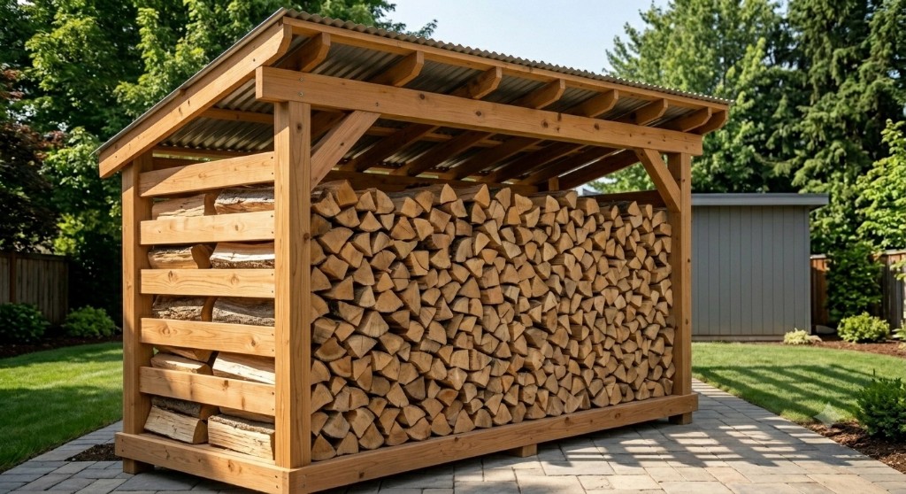 Sloped-roof woodshed filled with stacked firewood on a paver patio